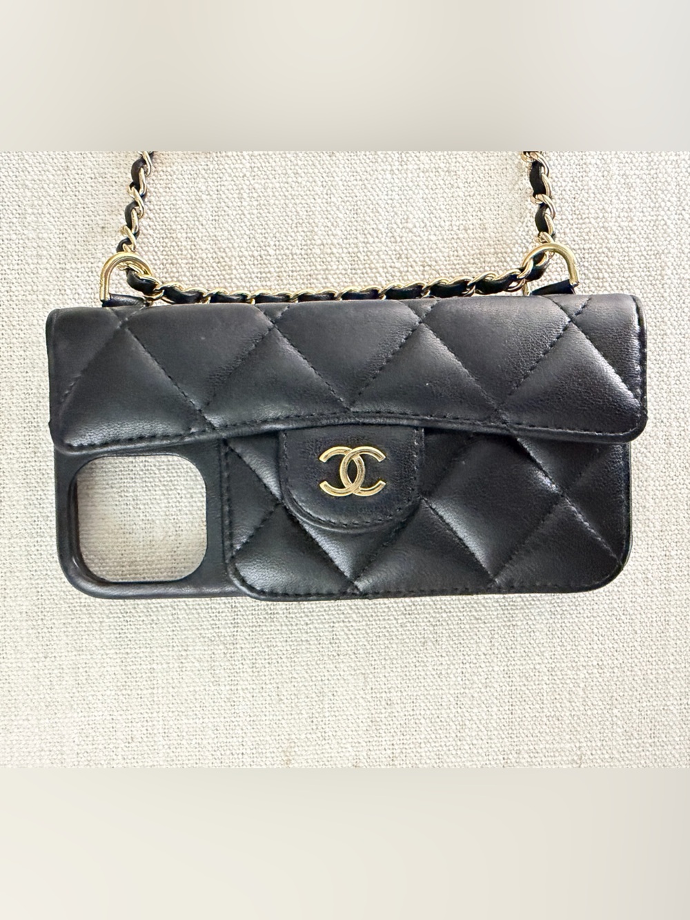 CHANEL Black Quilted Leather Chain Phone Pouch with Gold CC